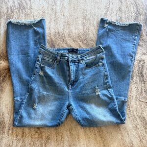 Risen Frayed Hem Light Blue Wide Leg Jeans